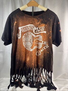 Johnny Cash Fringed T-Shirt brown paint splattered size Large